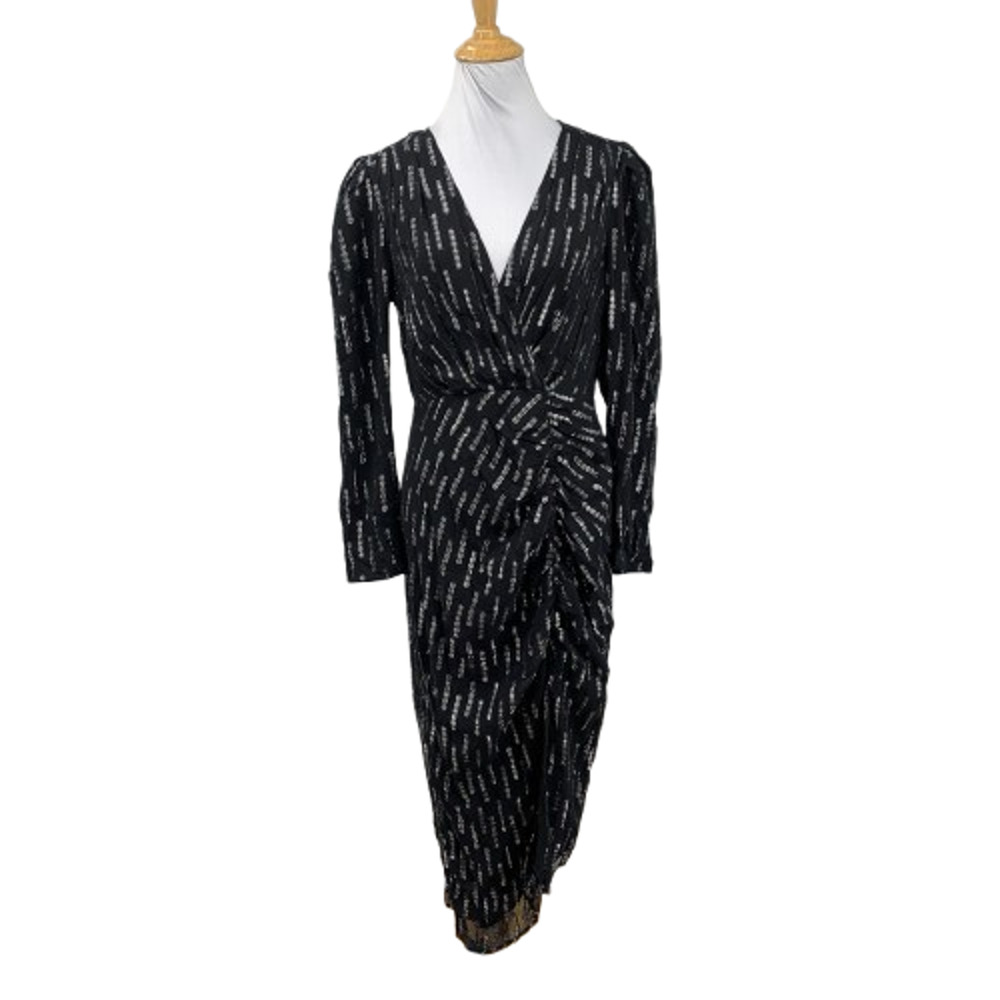 Express Dress Women M Medium Black Silver Metallic Faux Wrap Asymmetrical Ruched